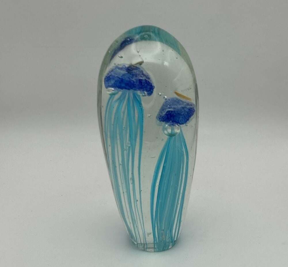 Blue Jellyfish Duo Hand Blown Art Glass Paperweight Glow-in-the-Dark